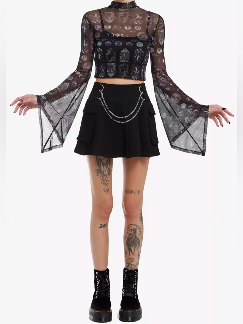 Cosmic Aura Stained Glass Sheer Mock Neck Top Black Cami Cathedral Moon Phases - Picture 2 of 10